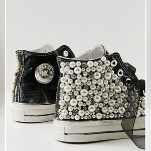 NEW Free People Nan-ku Pearl Crush Hi Top Sneakers in Pearly Black Rhinestone